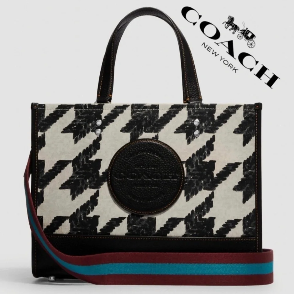Coach Black and Cream Houndstooth Canvas Dempsey Patch Medium Tote
